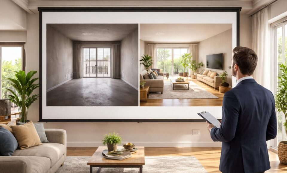 découvrez comment un écran de projection en home staging met en avant les transformations avant/après pour convaincre plus rapidement les acheteurs et faciliter la vente.