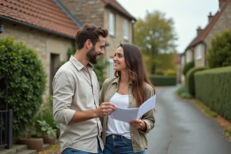 Couple devant une maison normande en Seine-Maritime tenant des documents immobiliers, comparant location maison et appartement