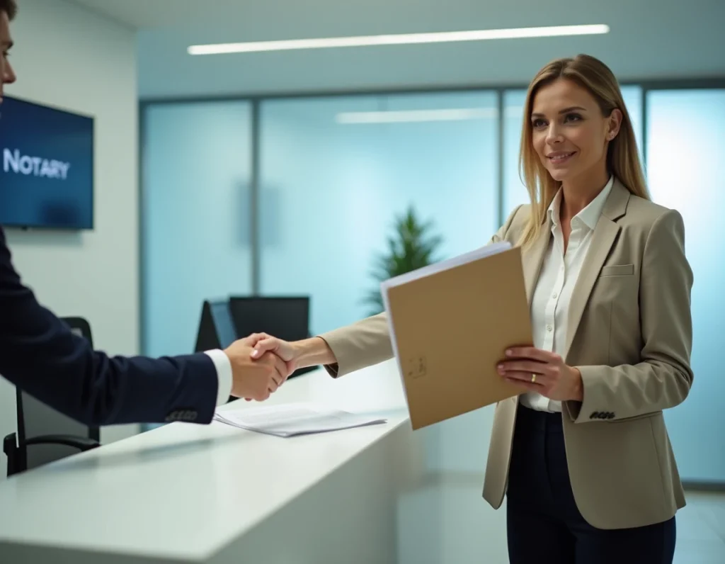 Femme déposant des documents de succession au comptoir d'une étude notariale moderne