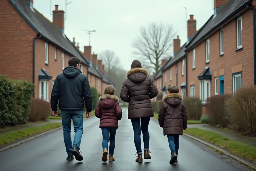 Famille se promenant devant des maisons typiques en Seine-Maritime pour choisir entre location de maison ou appartement