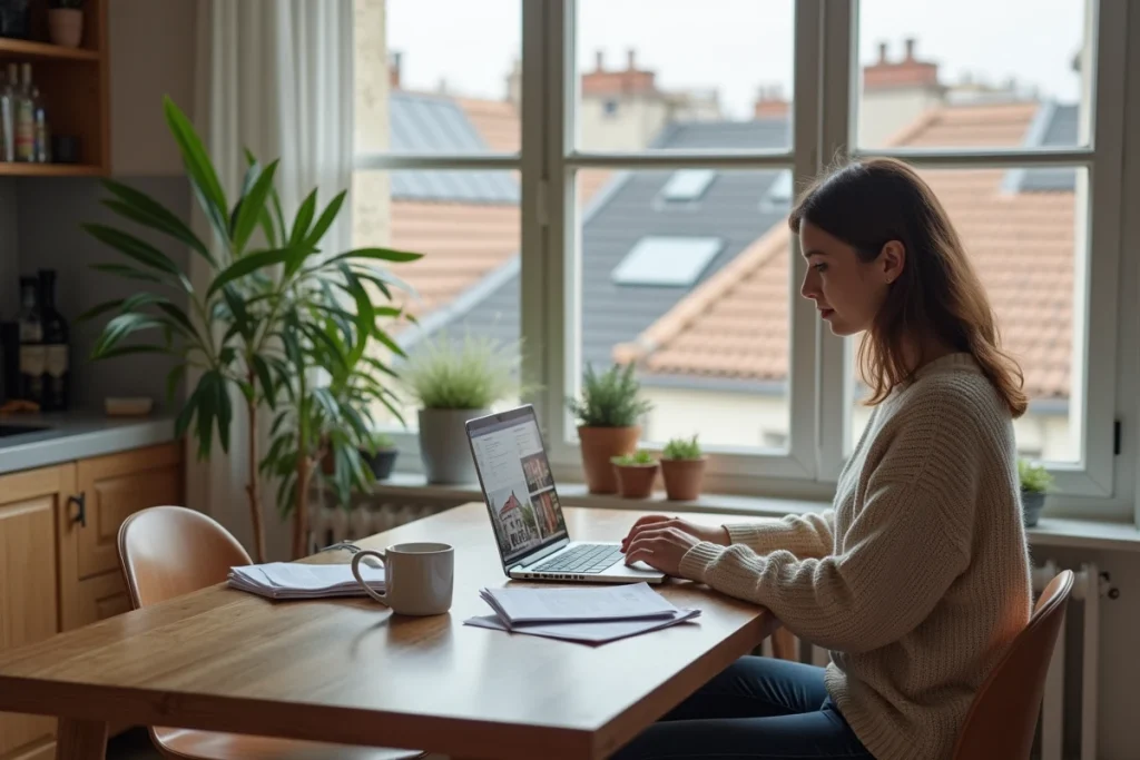 Femme seule dans un appartement en Seine-Maritime comparant les offres de location de maison et d'appartement sur ordinateur