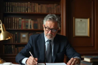 Notaire examinant le registre de copropriété et des documents de succession dans son étude