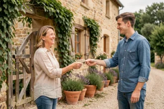 Propriétaire accueillant des voyageurs à l'entrée d'un gîte en pierre à la campagne française avec remise de clés