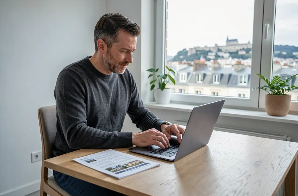 Agent immobilier consultant un contrat de location sur ordinateur dans une agence moderne à Lyon avec vue sur Fourvière