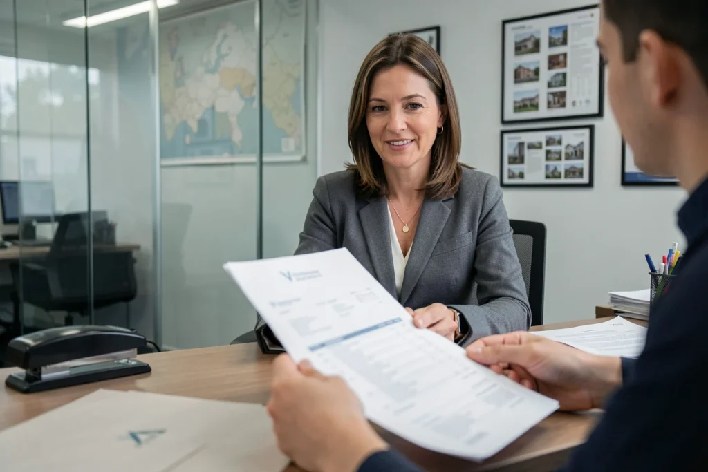 Agent immobilier examinant une lettre de motivation de candidature locative lors d'un entretien en agence