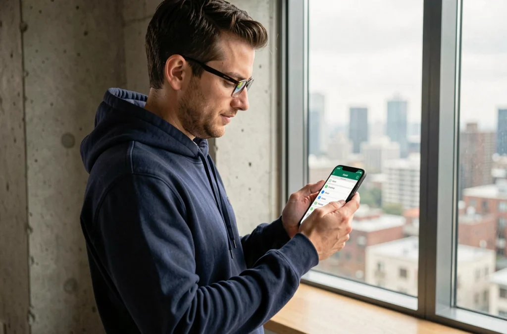Homme consultant les paramètres d'alertes Pikadom sur son smartphone près d'une fenêtre en appartement moderne