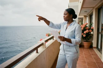 Femme examinant un appartement avec vue mer à Dakar depuis un balcon avec documents immobiliers en main