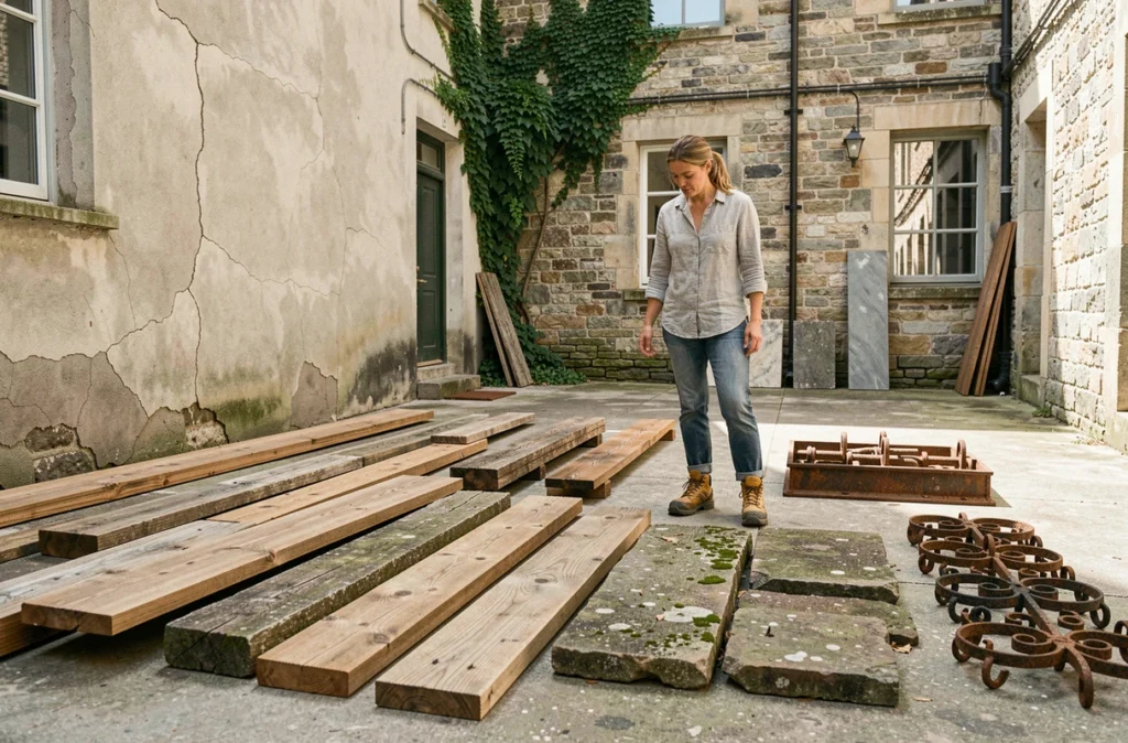 Architecte inspectant des matériaux de récupération anciens dans la cour d'un bâtiment en rénovation