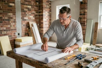 Architecte examinant des plans de rénovation énergétique dans une maison en travaux