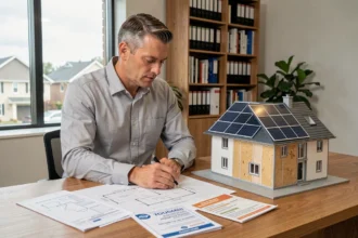 Architecte examinant des plans de rénovation énergétique avec modèle de maison et documents fiscaux sur une table en bois