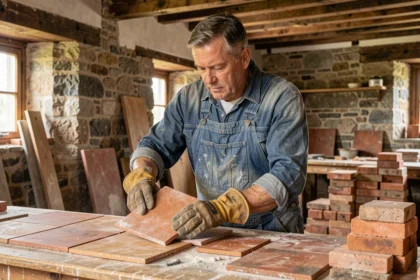 Artisan triant des carreaux de terre cuite anciens récupérés lors d'un chantier de rénovation dans une ferme