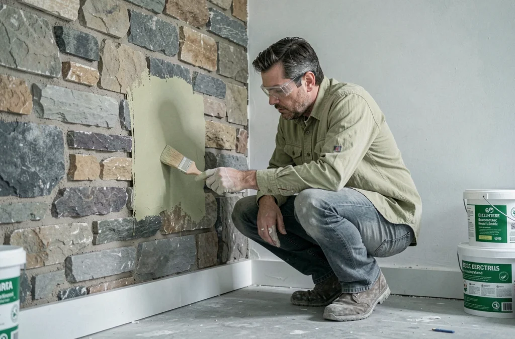 Artisan appliquant une peinture à la chaux écologique sur un mur en pierre lors d'une rénovation durable d'une chambre