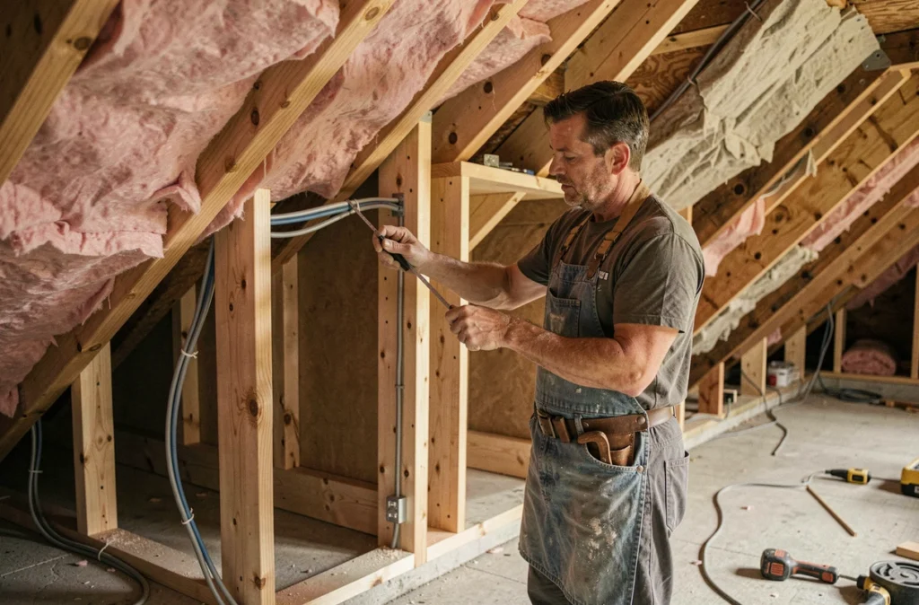 Artisan menuisier installant un rangement intégré dans un grenier en cours de rénovation avec isolation et structure en bois
