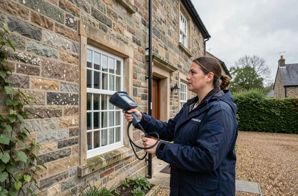 Auditrice énergétique réalisant un diagnostic thermique sur la façade d'une maison ancienne