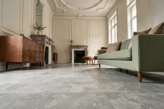 Carrelage effet béton grand format dans un salon haussmannien rénové avec moulures anciennes et mobilier contemporain