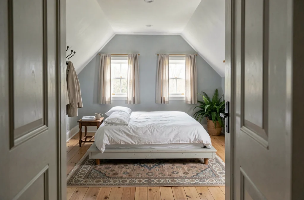 Chambre aménagée dans un grenier avec lucarnes, parquet en pin et décoration épurée dans un style maison de campagne