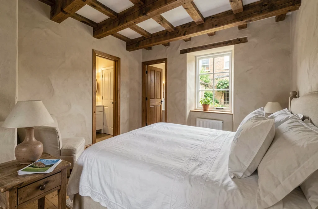 Chambre d'hôtes authentique avec poutres apparentes et literie blanche dans une maison de caractère