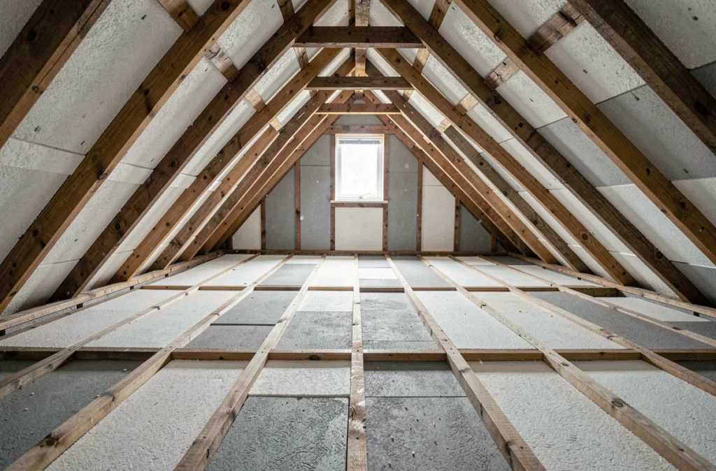 Vue intérieure de combles entièrement isolés avec des panneaux de mousse rigide entre les chevrons en bois
