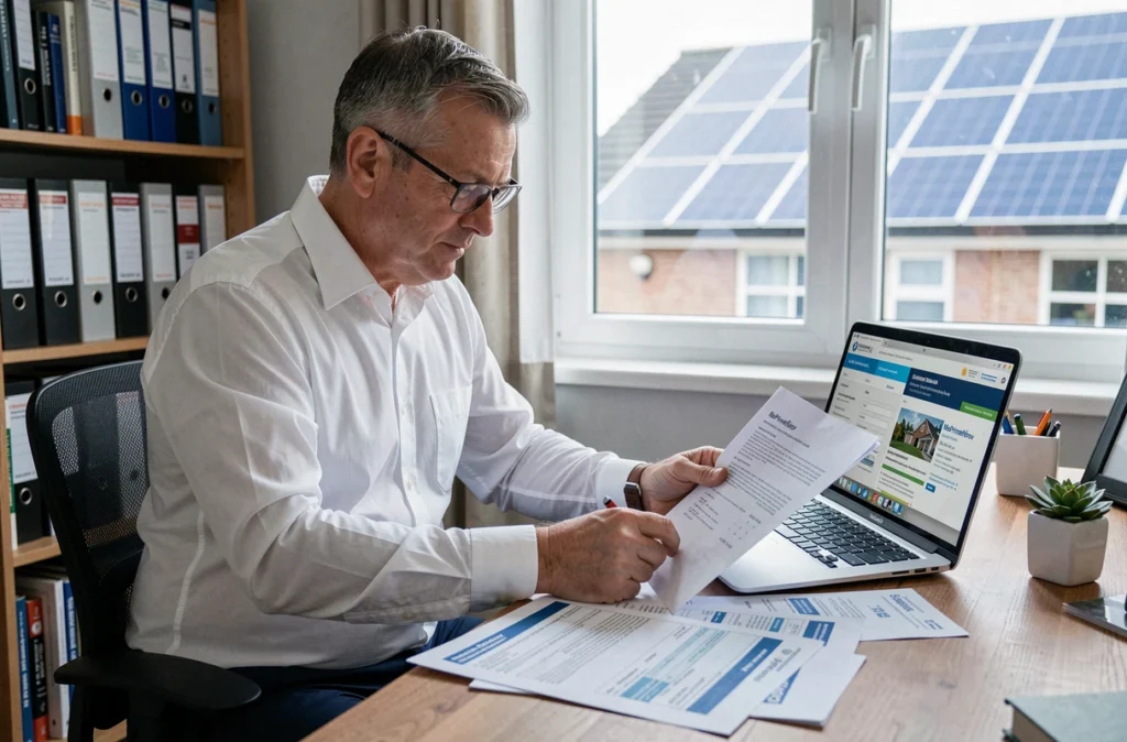 Comptable analysant les formulaires de crédit d'impôt et aides à la rénovation énergétique sur un bureau à domicile