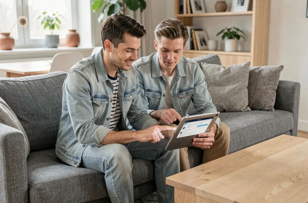 Deux personnes configurant ensemble les alertes bons plans Pikadom sur une tablette dans un salon scandinave