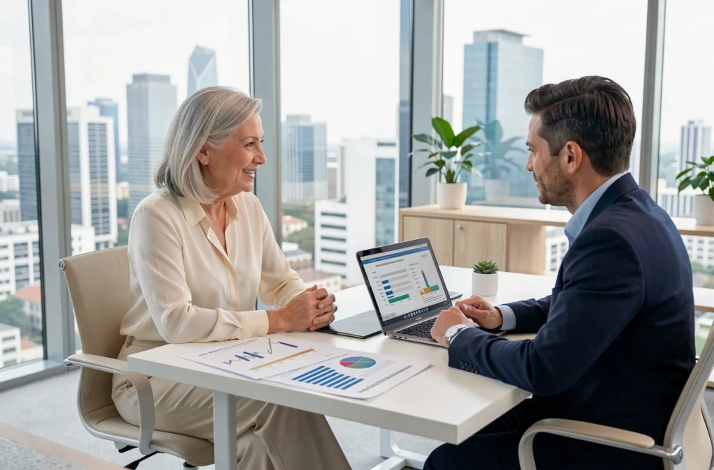Femme senior et conseiller financier discutant d'un investissement en résidence senior pour optimiser la fiscalité