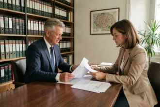 Conseiller fiscal et cliente examinant un contrat de nue-propriété immobilière dans un bureau notarial parisien