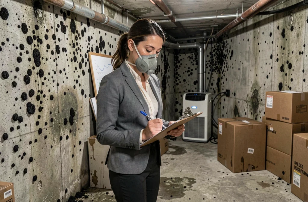 Consultante environnementale analysant des relevés de moisissures dans un sous-sol humide lors d'un litige immobilier