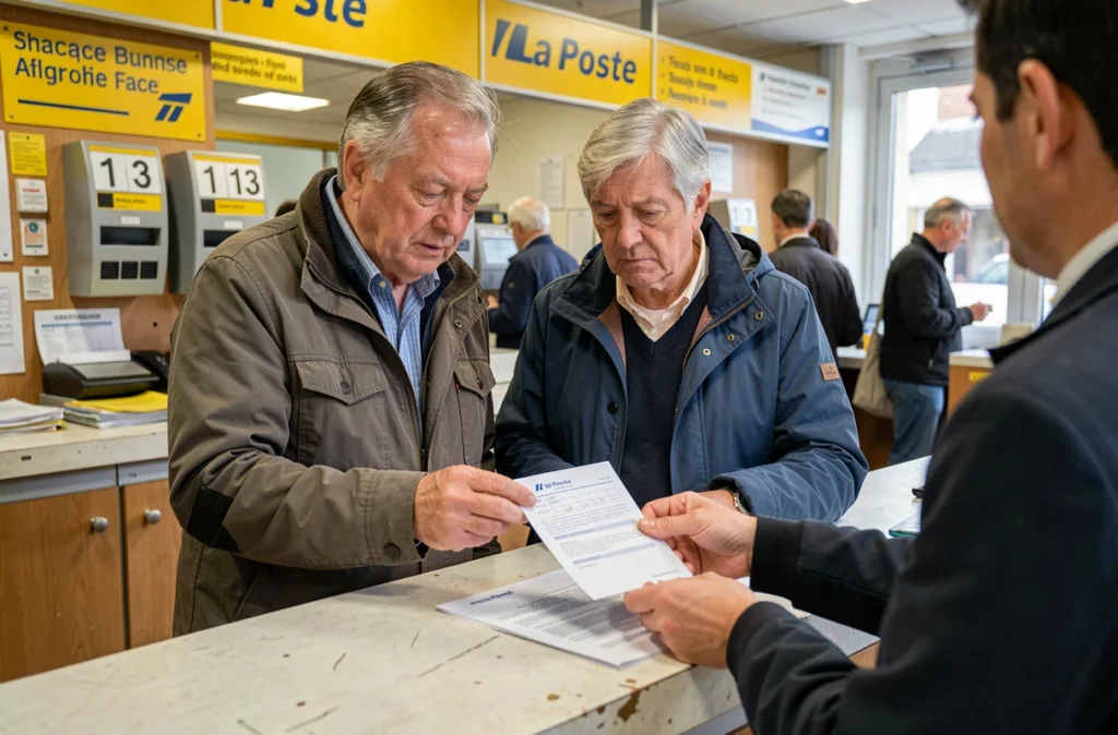 Couple déposant un avis de changement d'adresse au guichet d'un bureau de poste