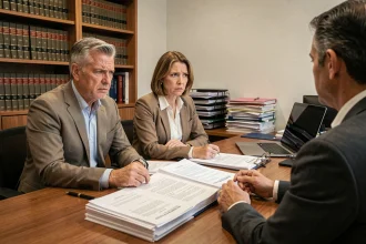 Couple en réunion avec un conseiller juridique pour résilier un contrat de multipropriété Pierre et Vacances