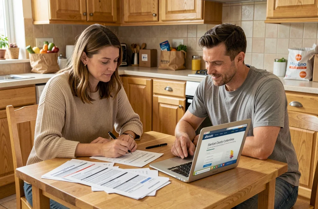 Couple effectuant les démarches administratives en ligne pour le transfert de compteur électrique après emménagement