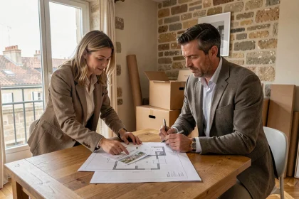 Couple étudiant des documents immobiliers dans un appartement moderne à Bordeaux pour choisir entre loi Pinel et location meublée