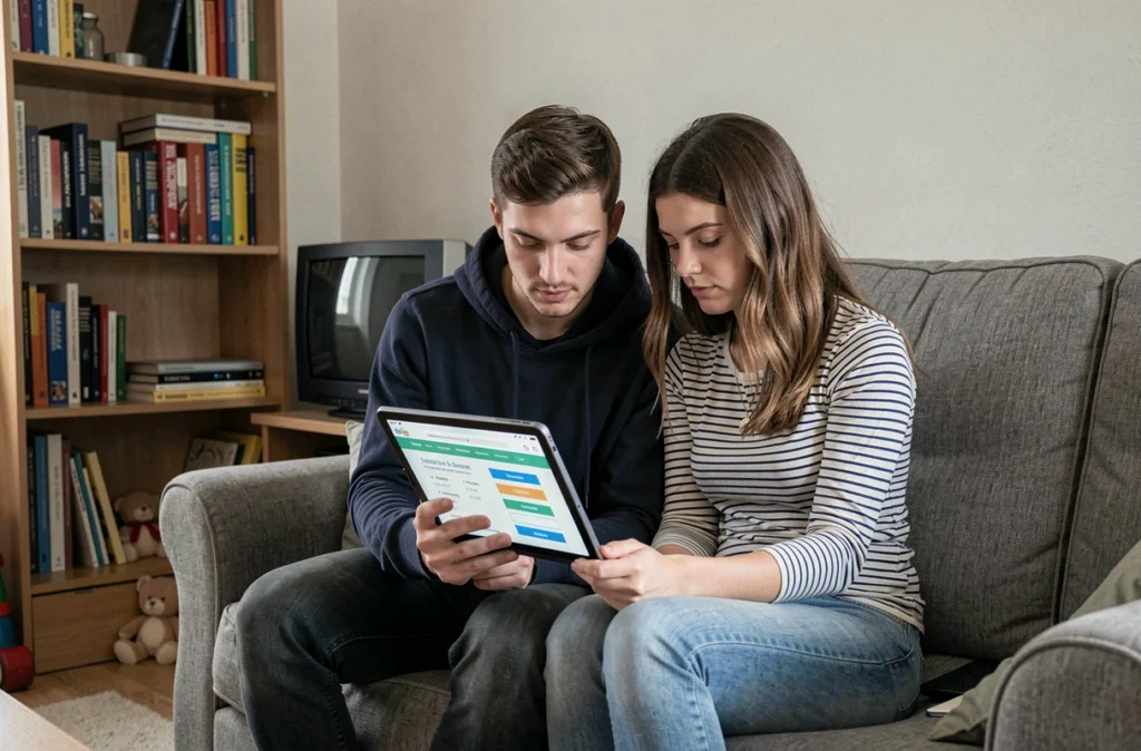 Jeune couple de locataires en logement social consultant ensemble un simulateur de surloyer sur tablette