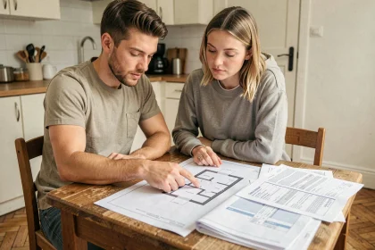 Couple étudiant un plan d'appartement T3 avec une petite chambre avant de solliciter un crédit immobilier