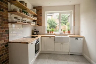 Cuisine rénovée avec étagères ouvertes, plan de travail en bois naturel et fenêtre vue sur jardin pour optimiser la luminosité