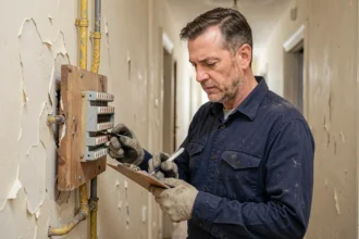 Électricien inspectant un ancien tableau de fusibles dans un appartement vétuste à remettre aux normes électriques