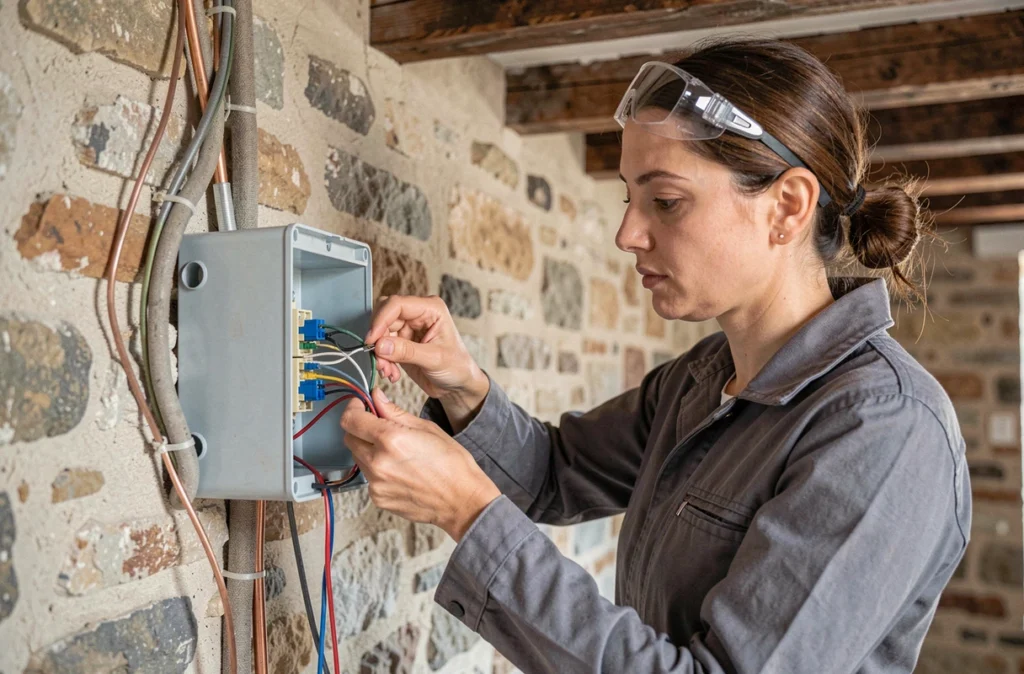 Électricienne raccordant des câbles dans une boîte de dérivation lors d'une mise aux normes électriques dans un appartement ancien