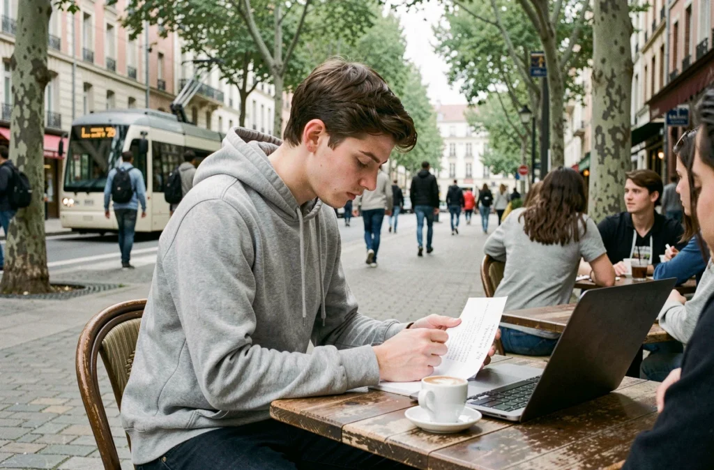 Étudiant travaillant en terrasse de café dans un quartier animé de Bayonne