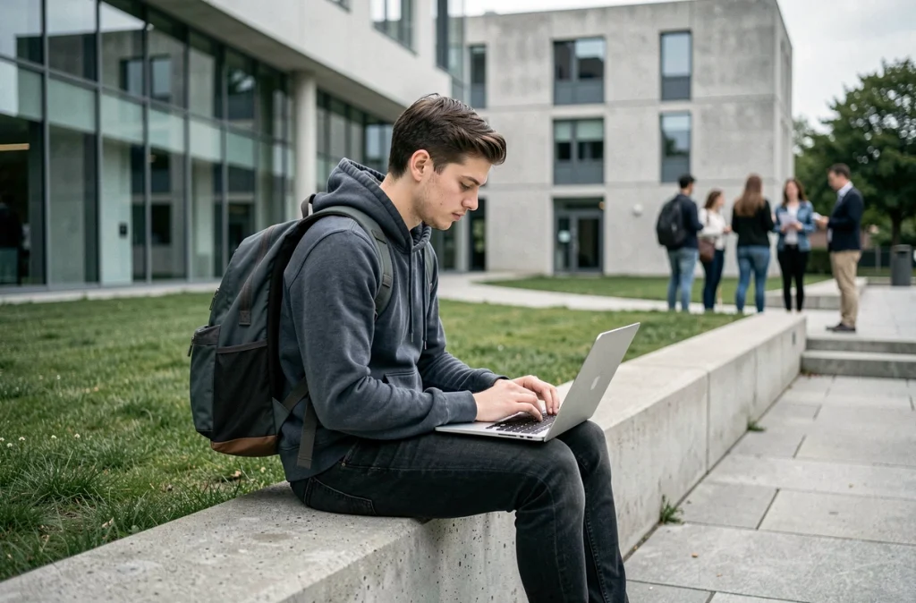 Étudiant travaillant sur son ordinateur portable sur un campus universitaire moderne de Créteil