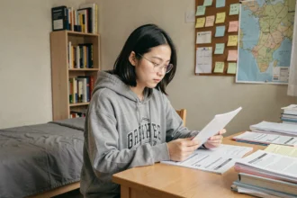 Étudiante étrangère consultant son dossier de résidence universitaire dans sa chambre de résidence