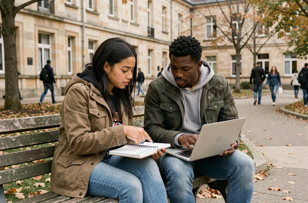 Deux étudiants étrangers préparant ensemble leur dossier de résidence universitaire sur le campus