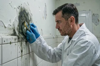 Expert en moisissures inspectant une paroi humide et endommagée dans une salle de bain lors d'une expertise litige