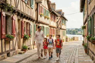 Famille se promenant dans les rues historiques de Bayonne avec architecture basque typique