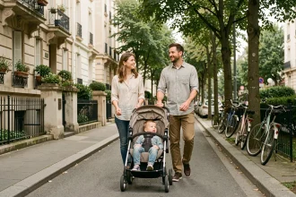 Famille se promenant dans un quartier résidentiel calme de Créteil avec immeubles en pierre et trottoirs arborés