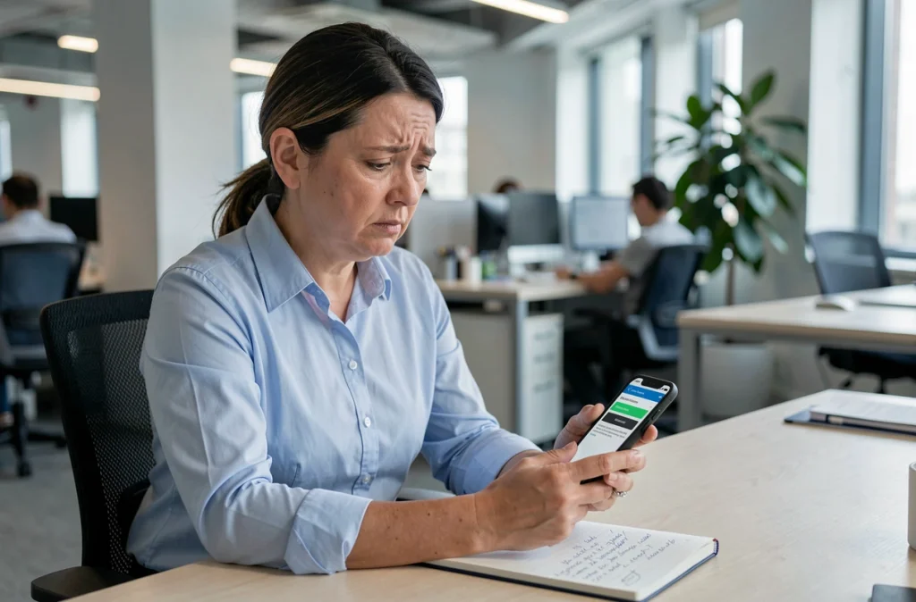 Femme inquiète consultant une notification de blocage de compte LOC anonce sur son smartphone dans un bureau professionnel