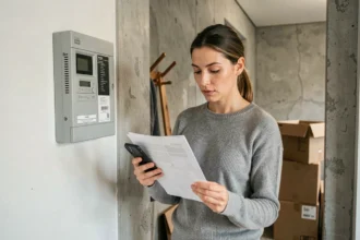 Femme consultant des documents administratifs devant un compteur électrique lors d'un déménagement