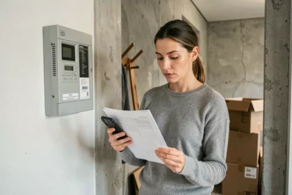 Femme consultant des documents administratifs devant un compteur électrique lors d'un déménagement
