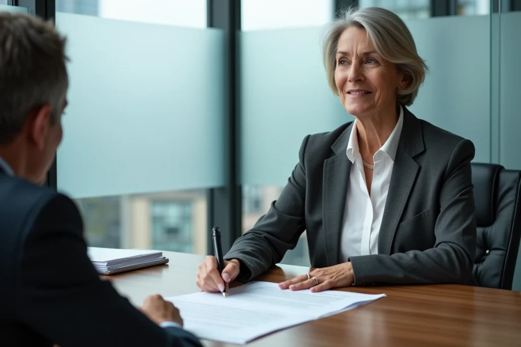 Une femme consultante pointant une clause dans un contrat viager lors d'une réunion dans un cabinet notarial moderne
