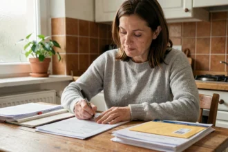 Femme remplissant un formulaire de changement d'adresse administrative dans une cuisine