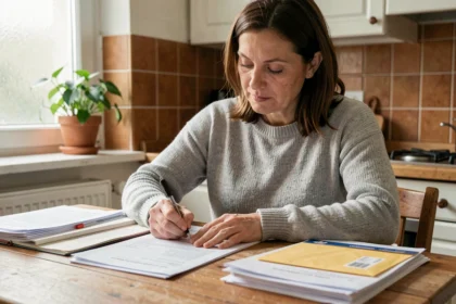 Femme remplissant un formulaire de changement d'adresse administrative dans une cuisine