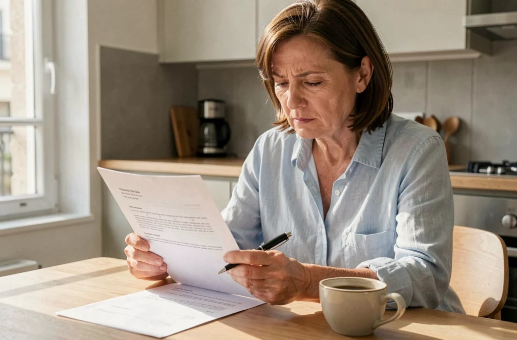 Femme lisant attentivement un contrat de multipropriété Pierre et Vacances à son domicile